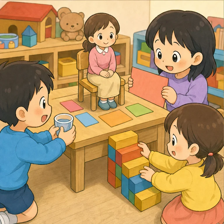 先生が椅子に座ると、みんなでお手伝いをしました。
「ぼくは、お水を持ってくるね」
「わたしは、積み木で小さな階段を作るね」
「先生の近くを歩くときは、ゆっくり歩こうね」
みんなで考えると、先生はとても安心しました。