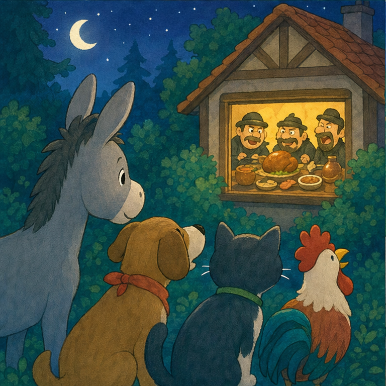 夜になりました。
みんなは おなかが ぺこぺこです。
すると、森の中に あかりのついた家が ありました。
まどから のぞくと、悪い人たちが ごちそうを 食べています。
動物たちは 相談しました。
「みんなで 大きな音を出して、びっくりさせよう！」