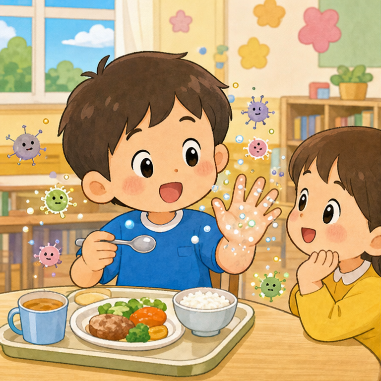 ゆうたくんは、おそとで いっぱい あそびました。
そのあと、てを あらわないで きゅうしょくを たべようとしました。
でも、ては きれいに みえても、ちいさな よごれが ついていることが あるんだよ。
めに みえない よごれは、かくれんぼが とくいなんだ。