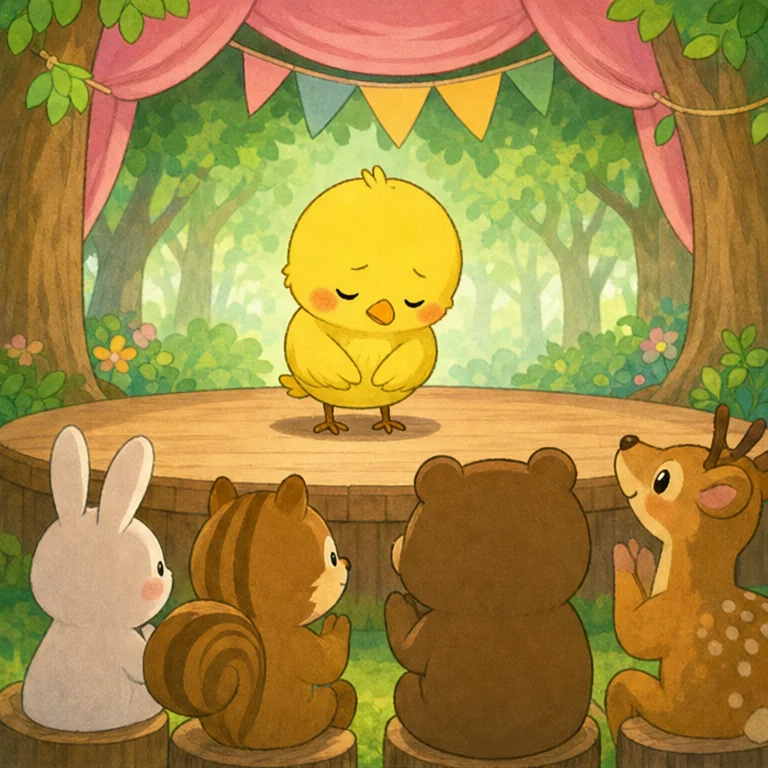 드디어 숲속 발표회 날이 되었어요.
작은 새는 모두 앞에 섰어요.
하지만 가슴이 두근두근해서 목소리가 나오지 않았어요.
“어떡하지…… 노래하고 싶은데, 목소리가 안 나와.”