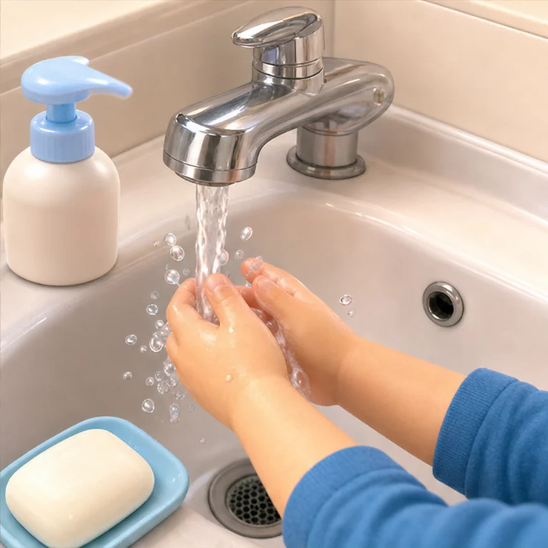 First, wet your hands with water.
Next, put on soap.
When bubbles appear, it becomes easier to wash your hands.
