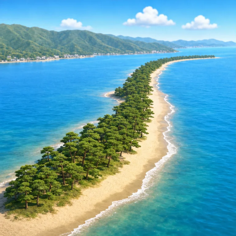 Amanohashidate is in Kyoto Prefecture.
There is a long, narrow sand path in the sea.
Many pine trees line up along the path.