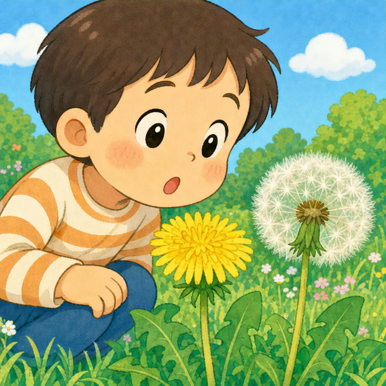 たんぽぽの きいろい お花は、しばらくすると 形が変わります。
ふわふわ、まんまるの 白いわたげに なります。
わたげの ひとつひとつには、小さな種が ついています。
種は、新しい たんぽぽの赤ちゃんです。