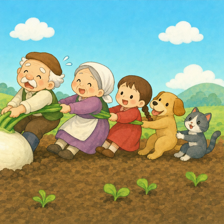 おじいさんは、おばあさんを 呼びました。
おばあさんは、まごを 呼びました。
まごは、犬を 呼びました。犬は、猫を 呼びました。
みんなで つながって、「うんとこしょ、どっこいしょ！」
それでも、かぶは まだ ぬけません。
