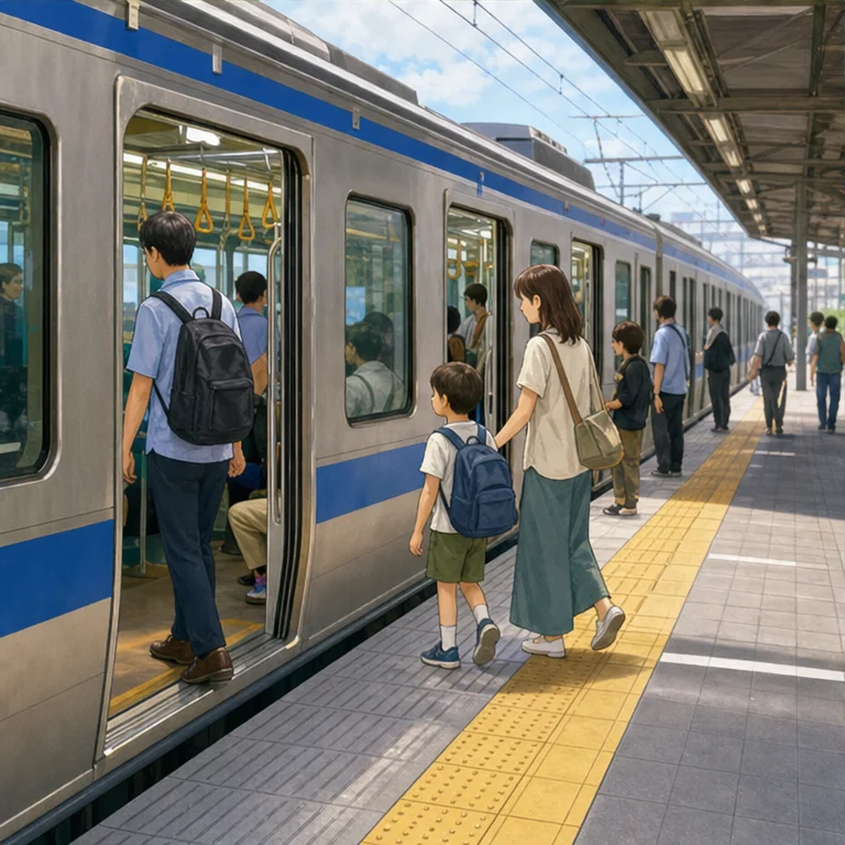 電車は、駅に止まります。
駅で、電車に乗ったり降りたりします。
ドアが開いてから、ゆっくり乗ります。