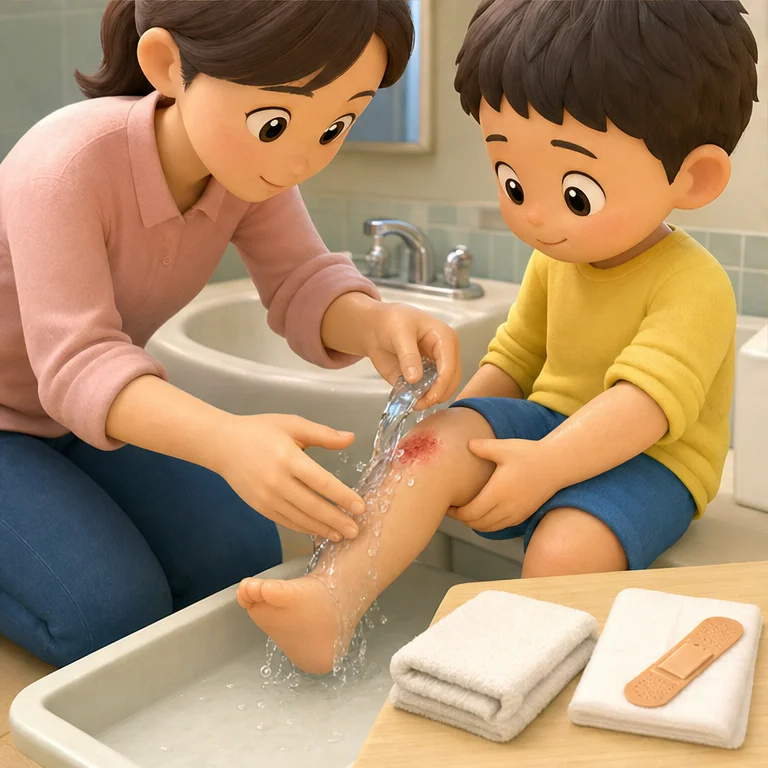 Wash small cuts with clean water.
Try not to touch them with dirty hands.
Ask an adult to put on an adhesive bandage.