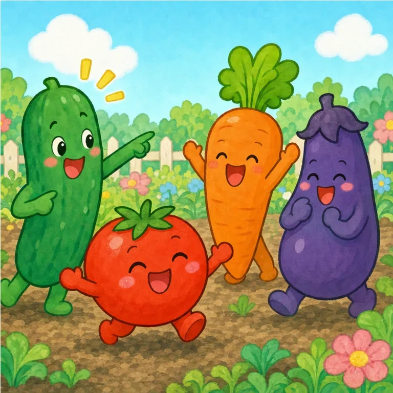 きゅうりくんが 言いました。
「みーつけた！とまとちゃんだ！」
とまとちゃんは、にこにこ。
「えへへ、見つかっちゃった！」
みんなで 笑って、もういちど かくれんぼを しました。
よく 見ると、いろや かたちで 見つけられるんだね。