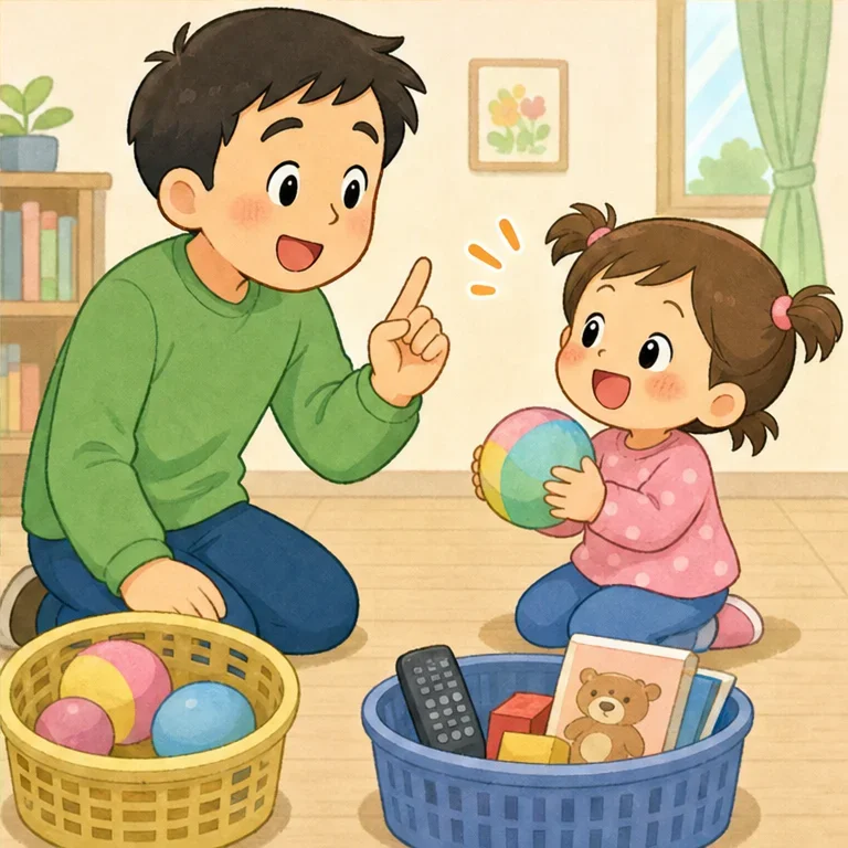 パパは やさしく 教えてくれました。
「なげていいのは、やわらかいボールだよ。」
「かたいものや、大事なものは なげないよ。」
ひなちゃんは、こくんとうなずきました。
これでまた、たのしく ボールあそびが できるね！