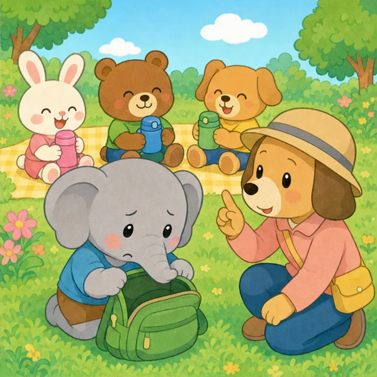 公園に つきました。
みんなは、水筒を 出して ごくごく。
ぞうさんも リュックを あけました。
「あれ？ 水筒がないよ……」
ぞうさんは、すぐに 先生に 言いました。
先生は「教えてくれて えらいね。いっしょに こまらないようにしようね」と言いました。
