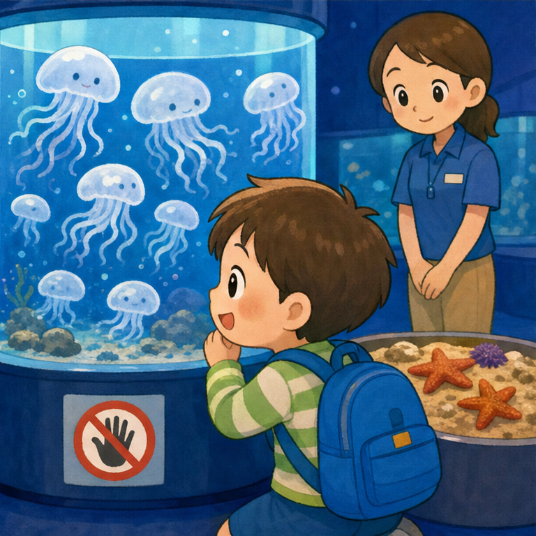くらげが ふわふわ、ゆっくり 動いているよ。
水そうを ドンドン たたくと、生きものが びっくりしちゃうよ。
だから、手は そっと。
目で よく見て、やさしい声で お話ししようね。