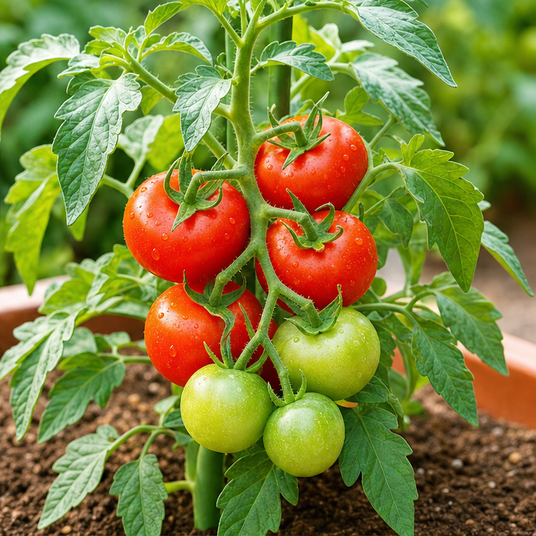 トマトは、土に植えた苗から育ちます。
葉っぱや枝がのびて、実がなります。
はじめは緑色で、だんだん赤くなります。