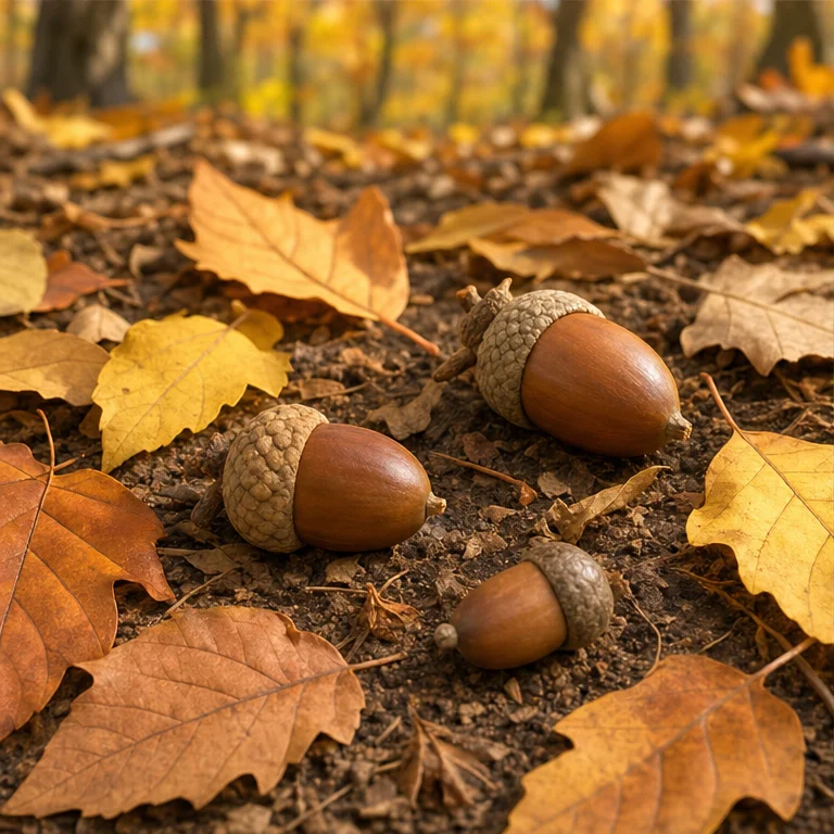 In autumn, acorns fall from the trees.
You can find them on fallen leaves or on the soil.
Squirrels and birds sometimes eat them.