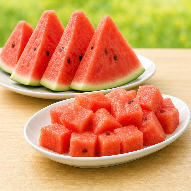 すいかは、切って食べます。
食べると、じゅわっと水分が出ます。
甘くて、夏によく食べられるくだものです。