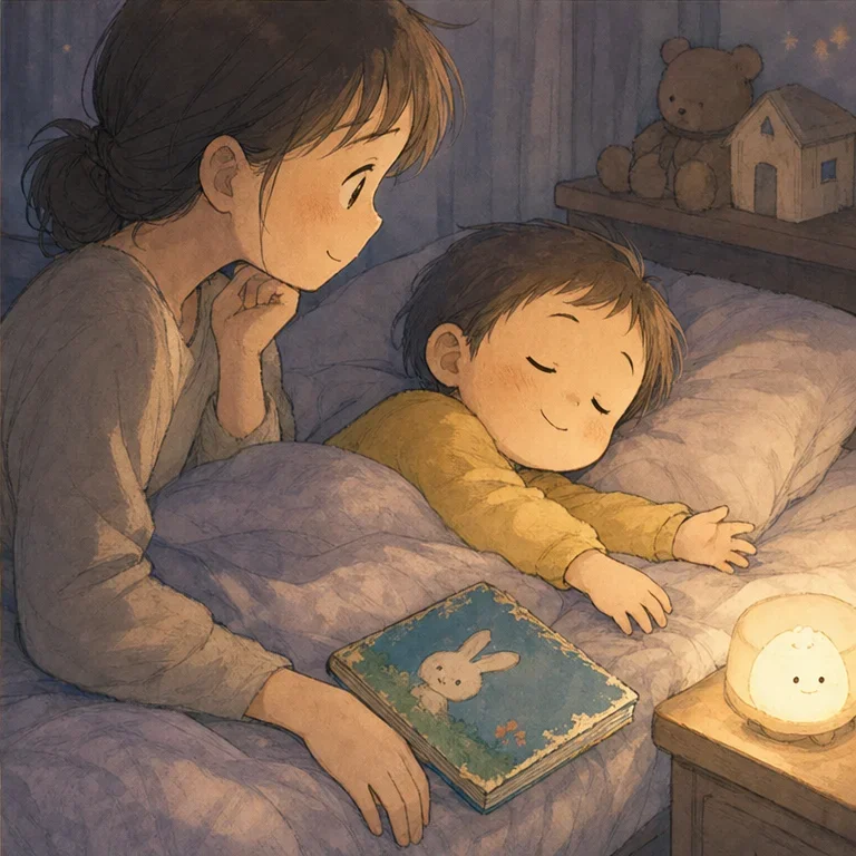 夜、寝る前にも、やっぱり同じ絵本を持ってきました。
表紙の角は少し折れて、ページには何度もめくった跡があります。
読み終わると、子どもは安心したように絵本のそばで目を閉じました。
「また同じ本」と思っていた一冊は、いつの間にか親子で過ごした時間がつまった宝物になっていました。