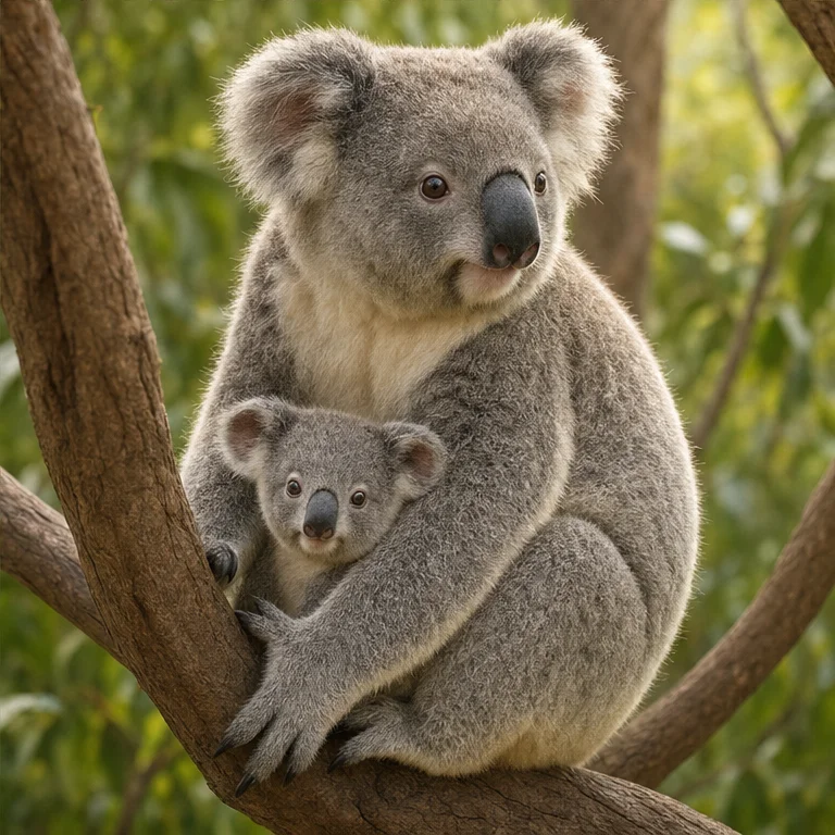 A baby koala is born very small.
It grows inside the pouch on its mother’s belly.
When it gets bigger, it may ride on its mother’s back.