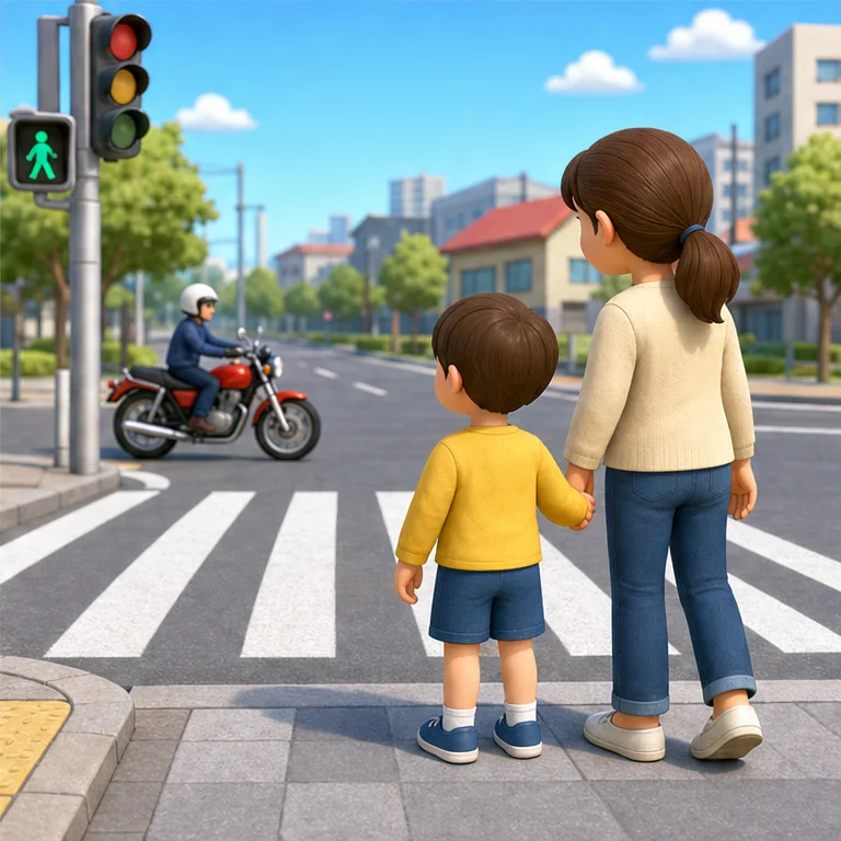 道には、バイクや車が走っています。
わたる前に、止まってよく見ます。
大人と手をつないで、安全に歩きましょう。