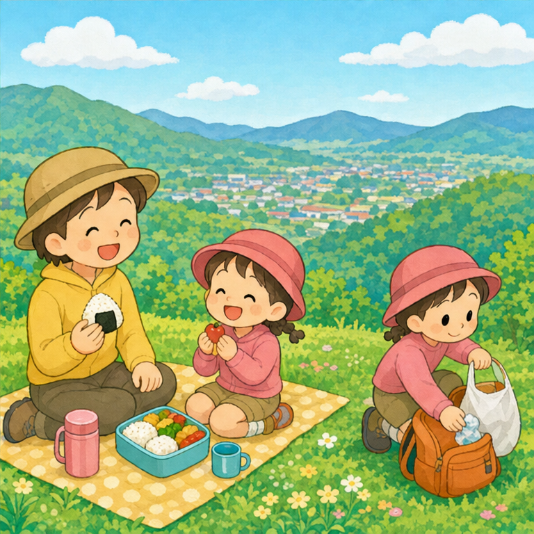 たくさん歩いたら、休んでお弁当を食べます。
山の空気は気持ちいいね。
食べたあとのごみは、山に置いていきません。
ごみは持って帰ります。山をきれいにすると、みんながうれしいね。