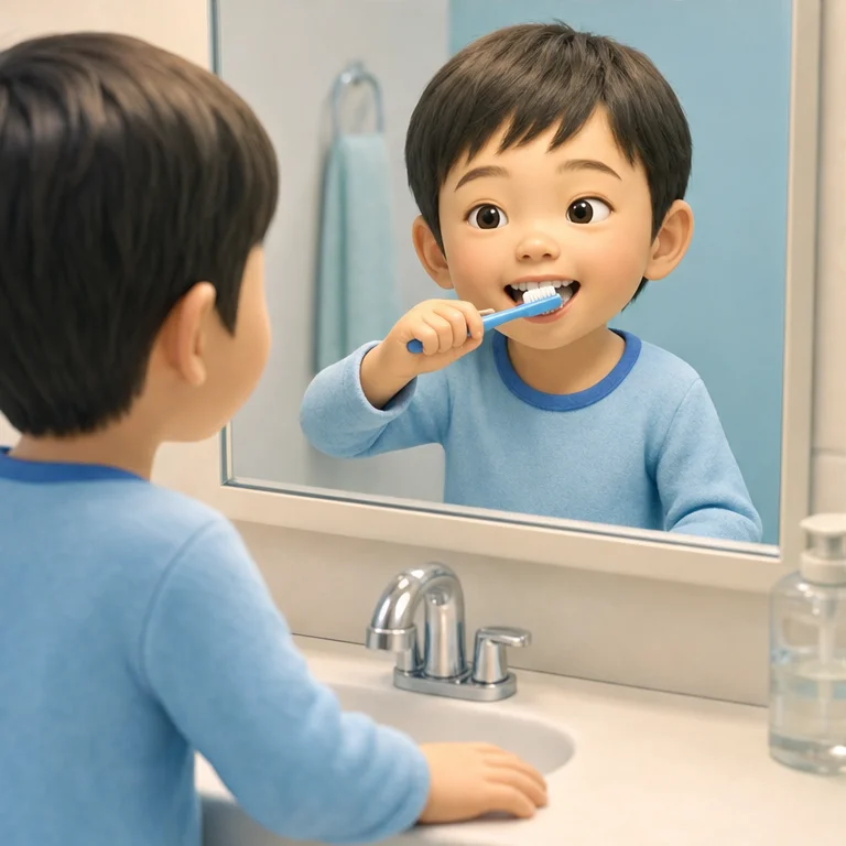歯ブラシを、歯にそっとあてます。
前の歯、奥の歯、かむところをみがきます。
ゴシゴシ強くしないで、やさしくみがきます。