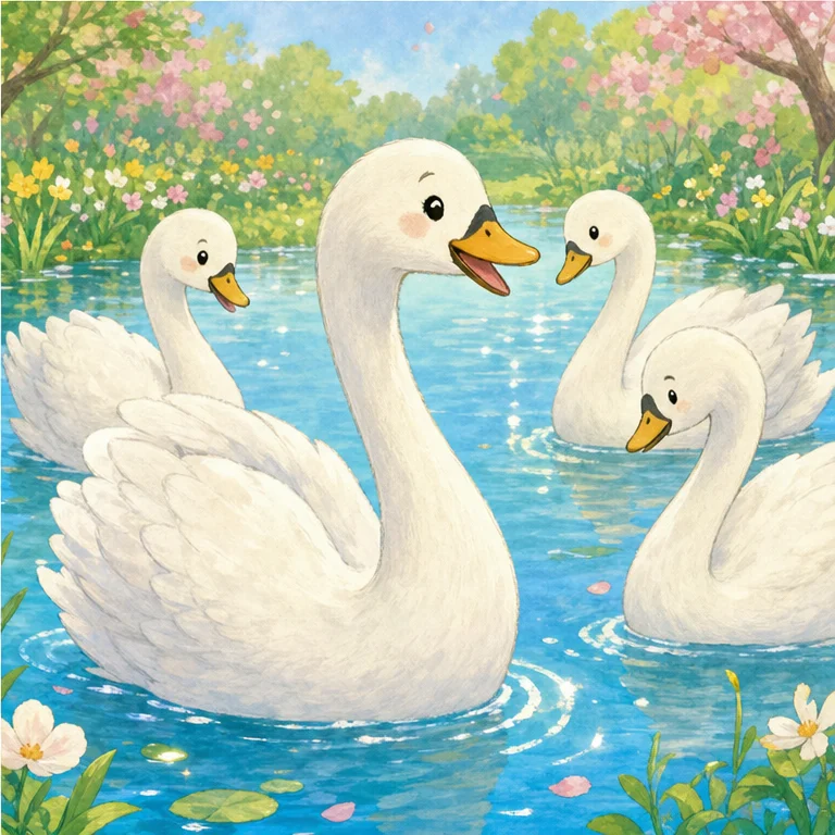 연못에 가 보니, 하얗고 아름다운 새들이 헤엄치고 있었어요.
그 새들은 다정하게 말했어요. “너도 우리와 같은 백조야.”
회색이었던 아이는, 사실 오리가 아니라 백조였던 거예요.
모두와 다르게 보여도, 나에게는 나만의 멋진 점이 있는 거예요.