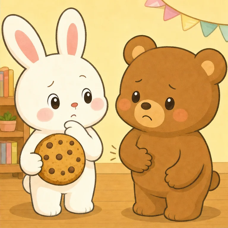 Then Rabbit’s friend Bear came over.
Bear held his tummy and said,
“I’m so hungry.”
Rabbit looked at the cookie in his hands.
There was only one cookie.
