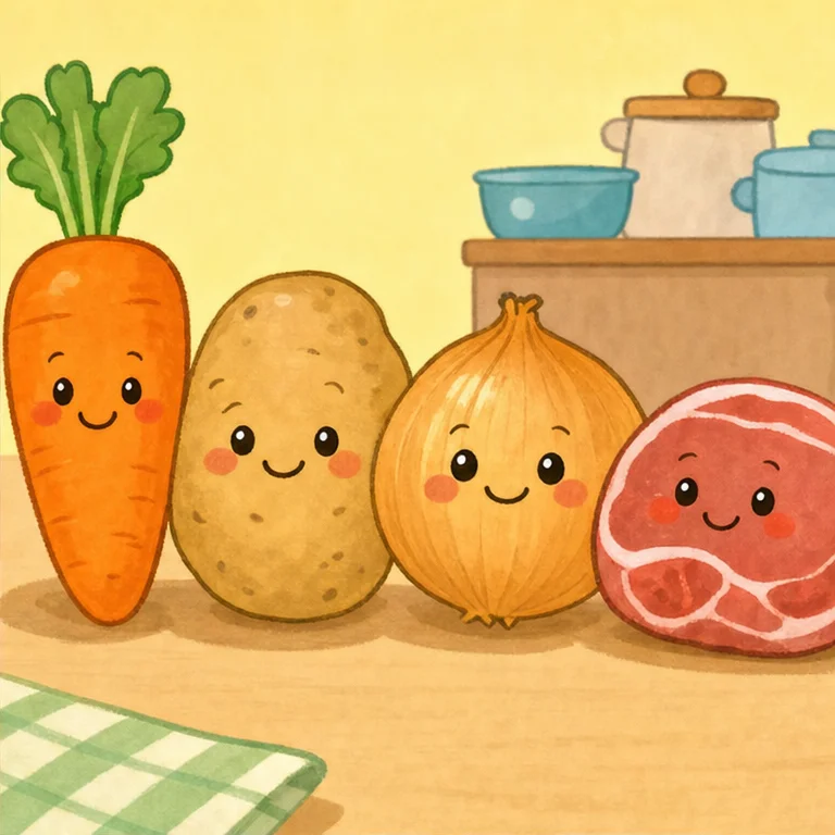 Curry has many different foods in it.
Orange carrots.
Soft, fluffy potatoes.
Onions that become sweet.
Sometimes meat is added too.