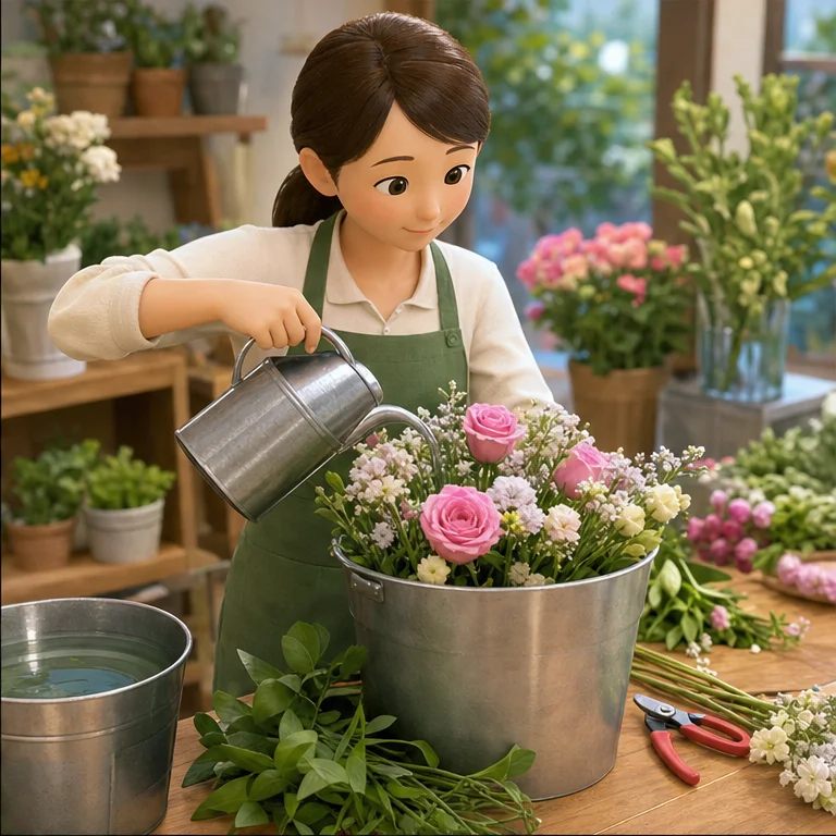 꽃집 사람은 꽃에 물을 줍니다.
시들지 않도록 줄기와 잎도 살펴봅니다.
꽃이 싱싱하면 오랫동안 예쁘게 즐길 수 있습니다.