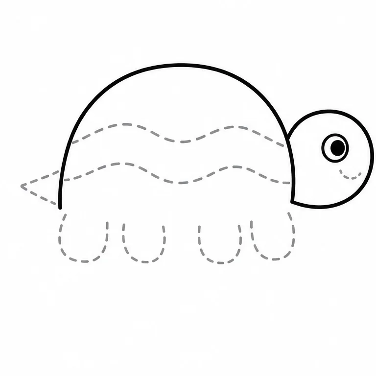 把缺少的地方画上去吧。
请画上乌龟的脚和尾巴。
龟壳上的花纹也描一描吧。
沿着浅浅的线描，乌龟就完成啦。