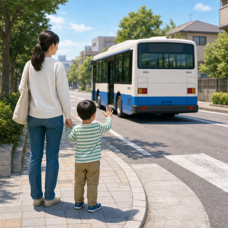 バスを降りたら、すぐに走り出しません。
道路のそばでは、大人と手をつなぎます。
バスの前や後ろを、急いで渡らないようにします。