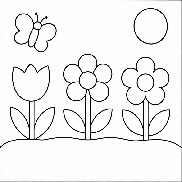 さいごは、ぜんぶ じぶんで ぬってみよう。
1ページめの みほんを 見ながら ぬってもいいよ。
すきな いろを つかって、じぶんだけの おはなばたけにしても いいね。
