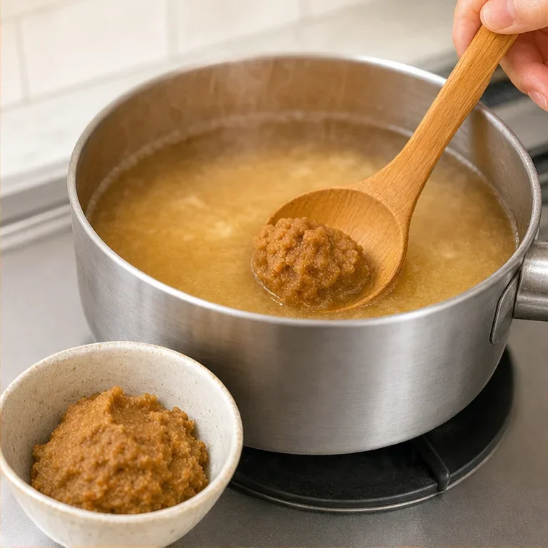 味噌汁は、味噌をとかして作ります。
味噌は、茶色くて、少ししょっぱい食べものです。
大人が、温かい汁に味噌を入れて作ります。