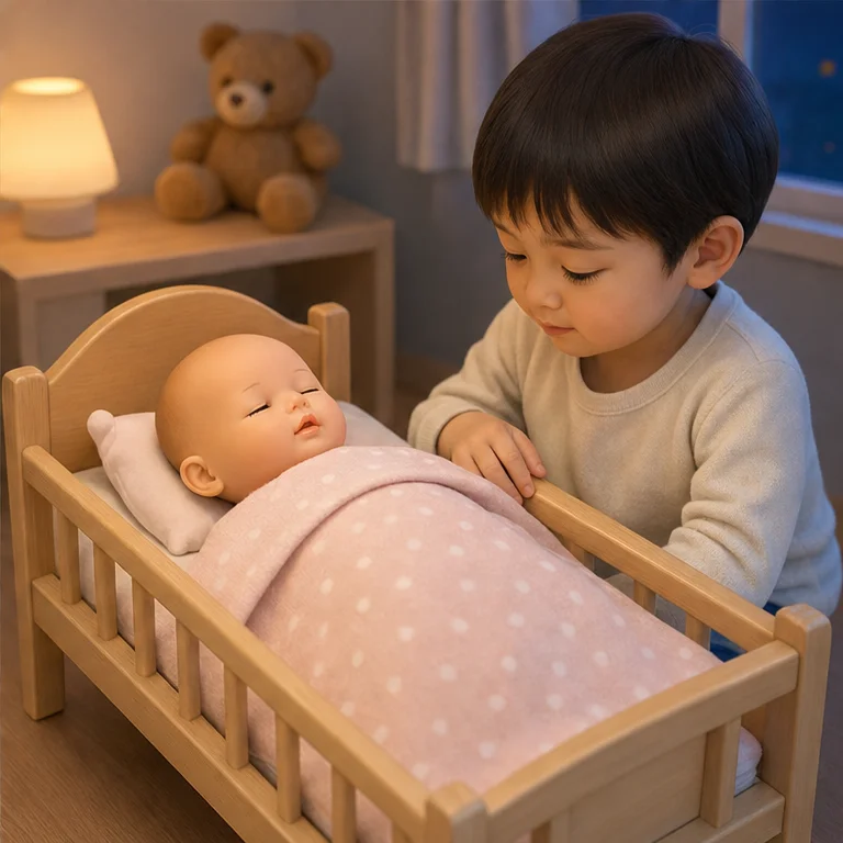 아기는 졸릴 때가 있어요.
역할놀이에서는 침대에 살짝 눕혀요.
조용히 해서 천천히 쉴 수 있게 해요.