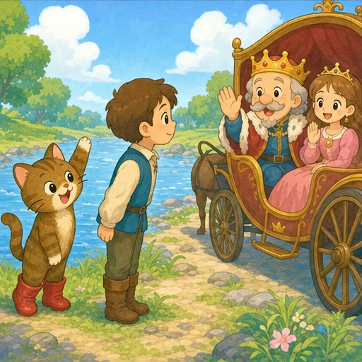 One day, the king and the princess were going out in a carriage.
The cat waved cheerfully and said,
“Your Majesty, this is my dear master!”
The master greeted them, feeling a little nervous.
The princess smiled and said, “Hello.”