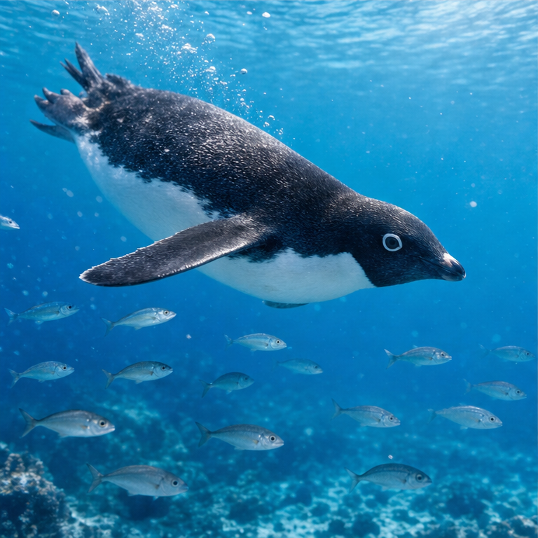 ペンギンは、海の中を上手に泳ぎます。
小さな羽を使って、すいすい進みます。
魚などを食べます。