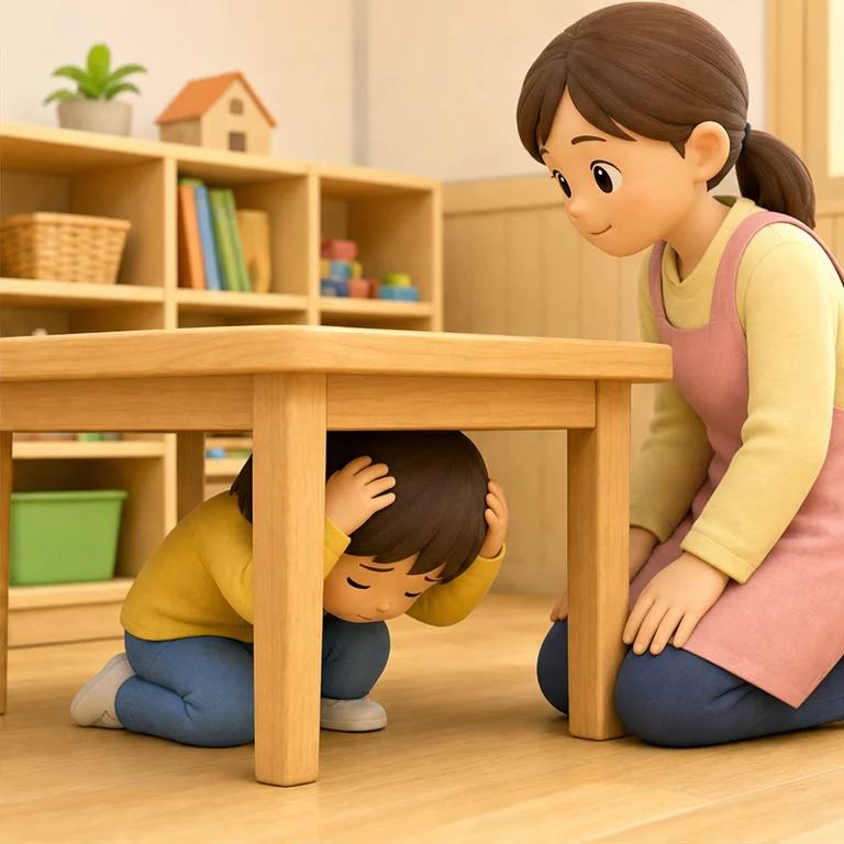 If everything starts shaking, protect your head first.
If there is a desk nearby, get under the desk.
If there is no desk, protect your head with a bag or your hands.