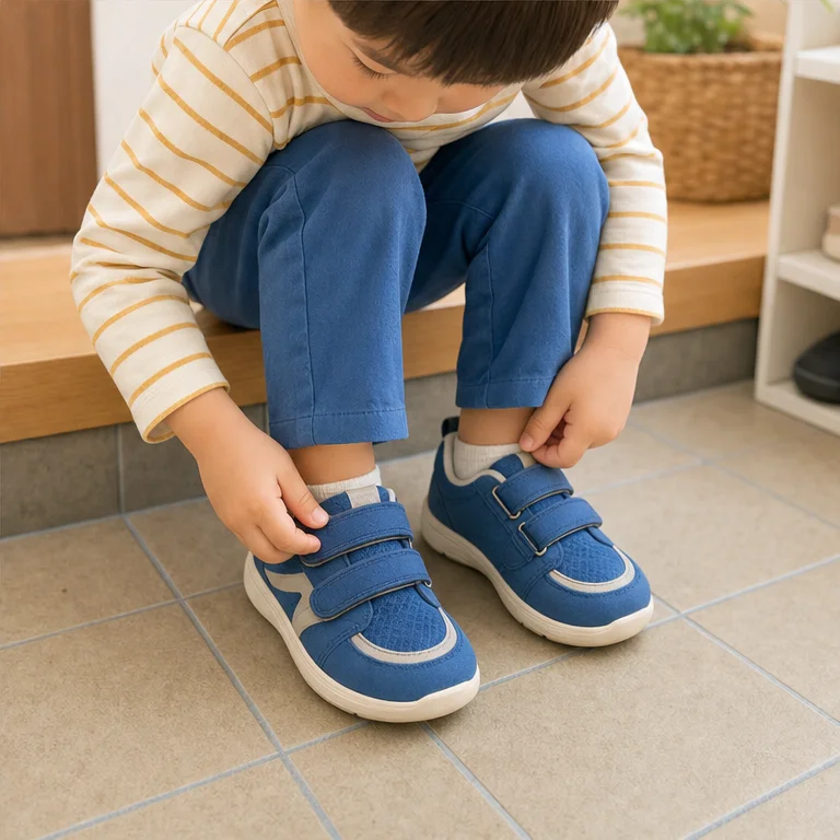 Fasten the straps or laces properly.
Stand up and check that your shoes do not come off.
When you are ready, walk slowly.