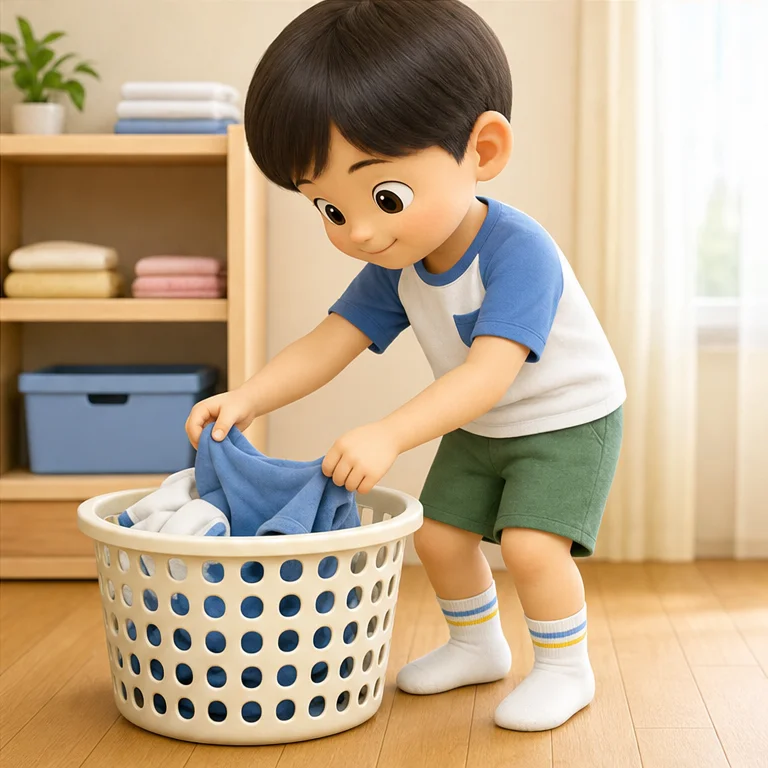 옷을 갈아입으면 벗은 옷을 정리해요.
빨 옷은 빨래 바구니에 넣어요.
정리하면 방도 기분 좋아져요.