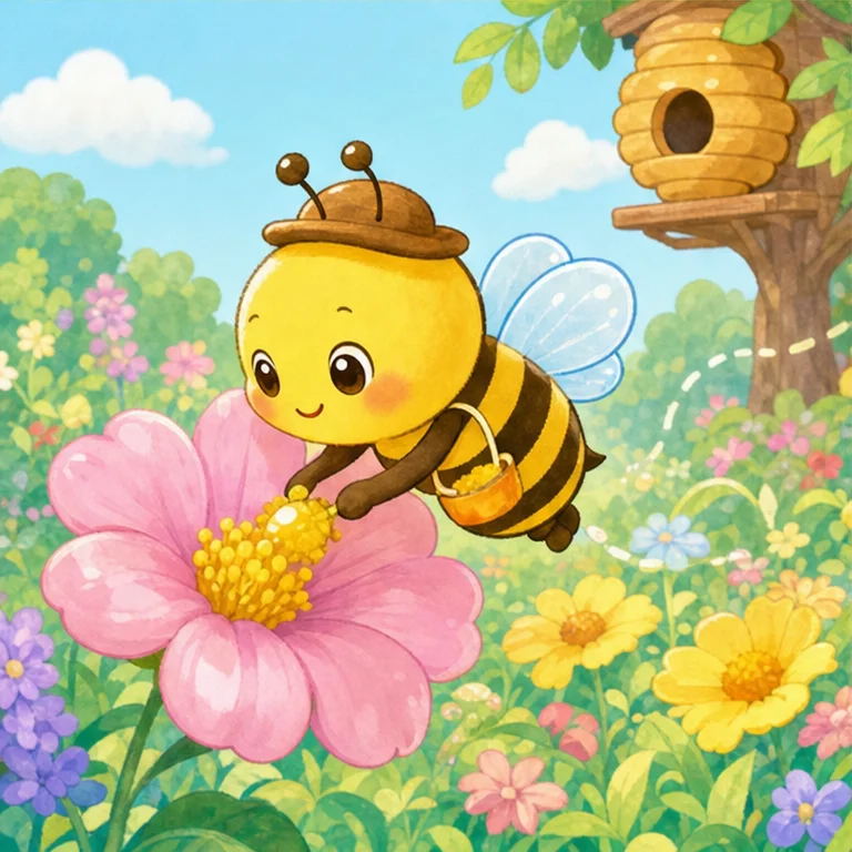 ミツバチは、花のところへ行きます。
花のみつを集めます。
集めたみつを、巣へ持って帰ります。