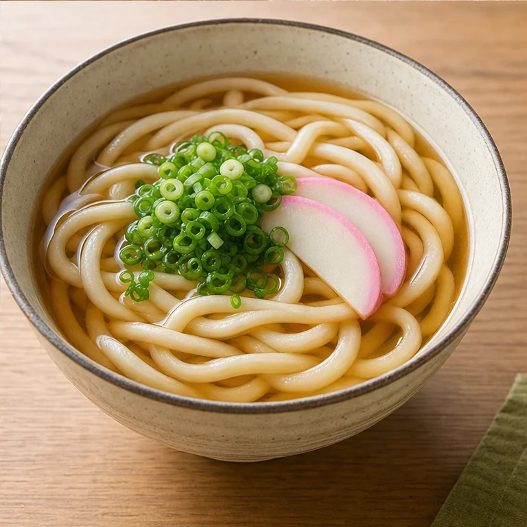 Udon is often eaten together with soup.
Sometimes green onion or kamaboko fish cake is put on top.
It is a slippery-smooth and chewy food.