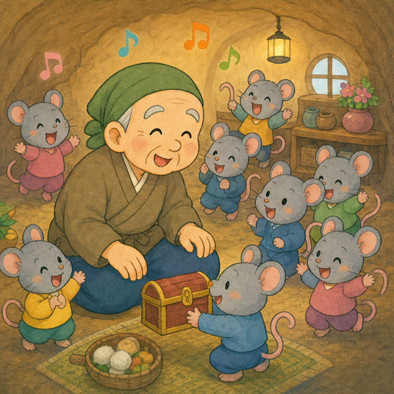 ねずみさんたちは、おじいさんを おうちに 招待しました。
「おむすびを ありがとう！」
ねずみさんたちは 歌って、踊って、おじいさんを 楽しませました。
そして、お礼に 小さな 箱を くれました。