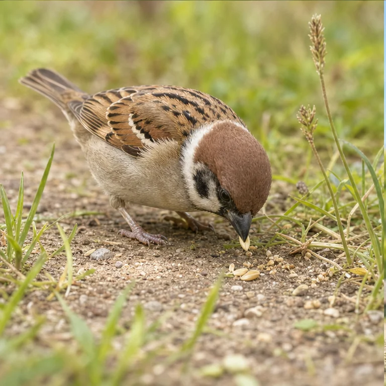 Sparrows eat grass seeds.
They may also eat small insects.
They peck little by little with their beaks.