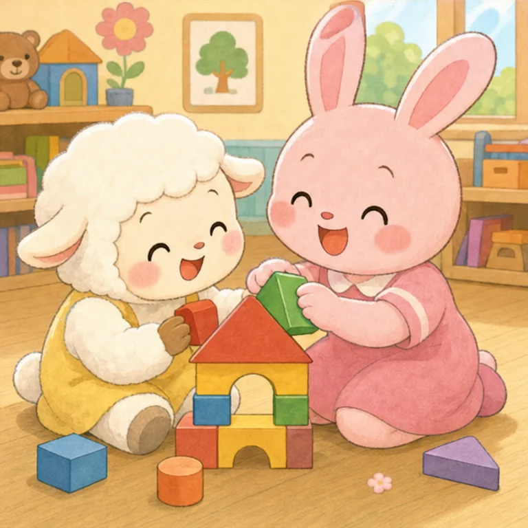 モコちゃんは、はじめは 小さな声で 言いました。
「うん……あそびたい」
ピョンちゃんは、にっこりして となりに すわりました。
ふたりで つみきの おうちを 作ると、とっても たのしくなりました。
モコちゃんも 言いました。
「ピョンちゃん、ここに あかい つみきを のせよう」