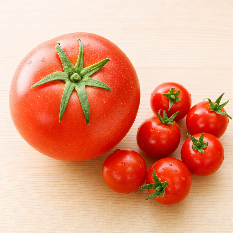 トマトは、赤くて丸いものが多い野菜です。
大きいトマトも、小さいミニトマトもあります。
さわると、つるつるしています。