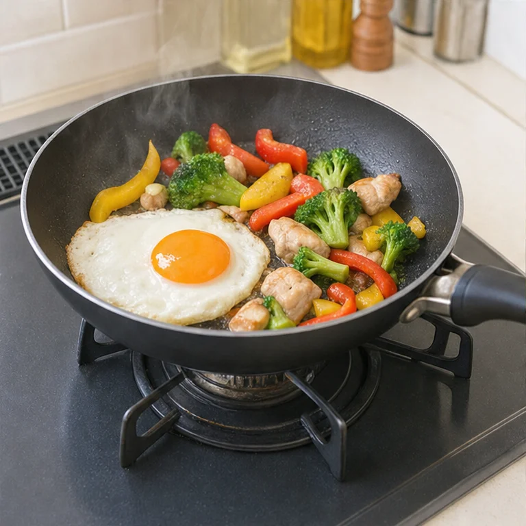 フライパンでは、卵を焼くことができます。
野菜やお肉を炒めることもできます。
食べものをあたためて、おいしくします。