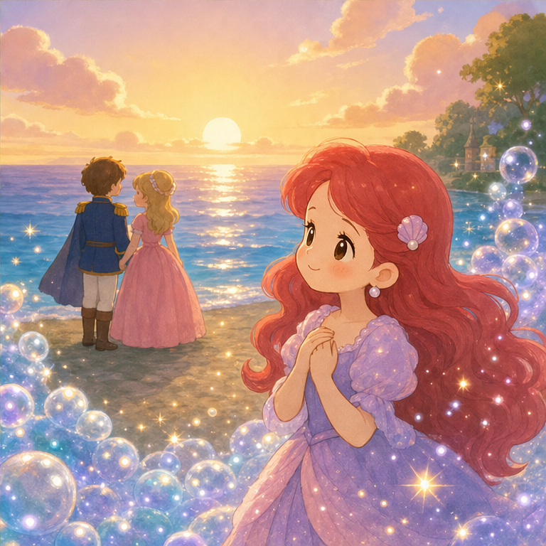 王子さまは、別の人と幸せに暮らすことになりました。
人魚姫は少し悲しかったけれど、王子さまの幸せを願いました。
「元気でいてね」
すると人魚姫のやさしい心は、海の泡のようにきらきら光りました。