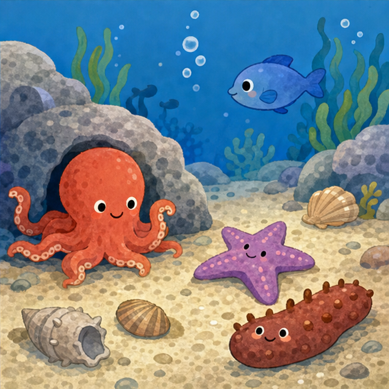海のいちばん下には、海の底があります。
そこには砂や岩、貝がらがあります。
タコやヒトデ、ナマコなど、海の底でくらす生きものもいます。
海の中は、上から下まで、たくさんの命がくらす大きなおうちなんだね。