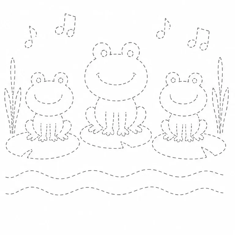こんどは、カエルの がっしょうを ぜんぶ なぞってみよう。
かお、め、くち、はっぱを ゆっくり なぞろう。
1ページめの みほんと おなじ えに なるかな？