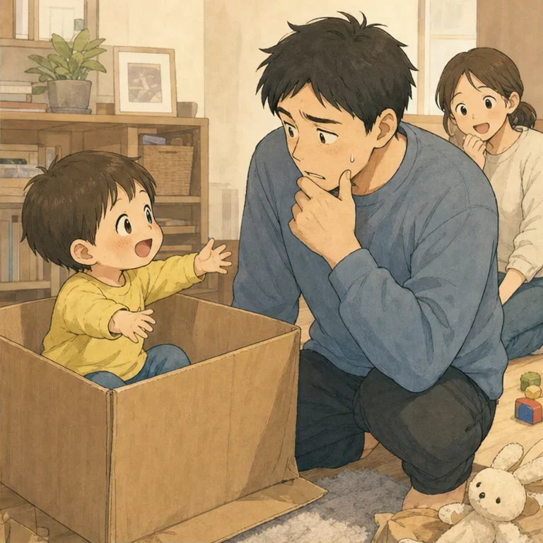 しばらく箱の中でご機嫌に遊んでいた子どもが、急にこちらを見ました。
そして、小さな手で床をぽんぽんとたたきながら、
「パパもこっち入って」
どう見ても、そこは2歳児ひとり用の広さでした。