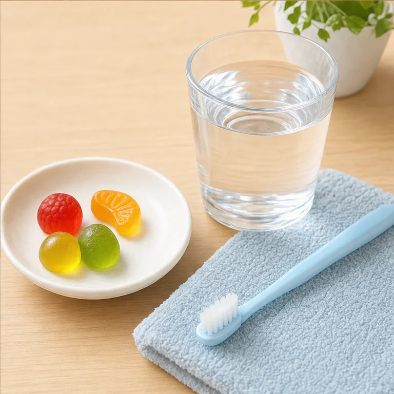 グミは、甘いおやつです。
たくさんではなく、少しだけ食べます。
食べたあとは、お水を飲んだり、歯みがきをしたりします。