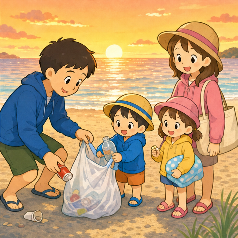 たくさん 遊んだら、からだを ふいて 休みます。
持ってきた ごみは、きちんと 持って帰ります。
海や 砂浜を きれいにすると、みんなが 気持ちよく 遊べるね。
海さん、ありがとう。また 遊びに 来ようね。