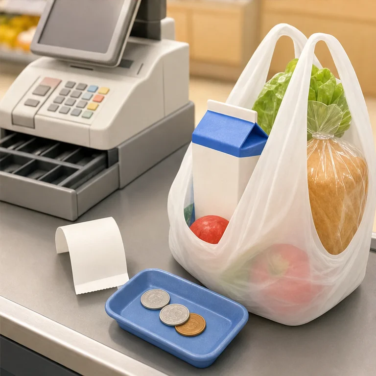 If you pay too much, you get change.
A receipt is a piece of paper that shows what you bought.
When paying is finished, you take your items home.